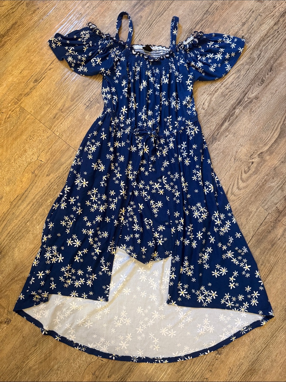 Girls Navy Floral Cold-Shoulder Dress with Straps/shorts